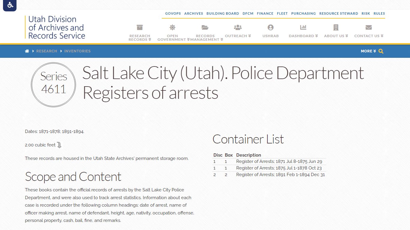Salt Lake City (Utah). Police Department Registers of arrests